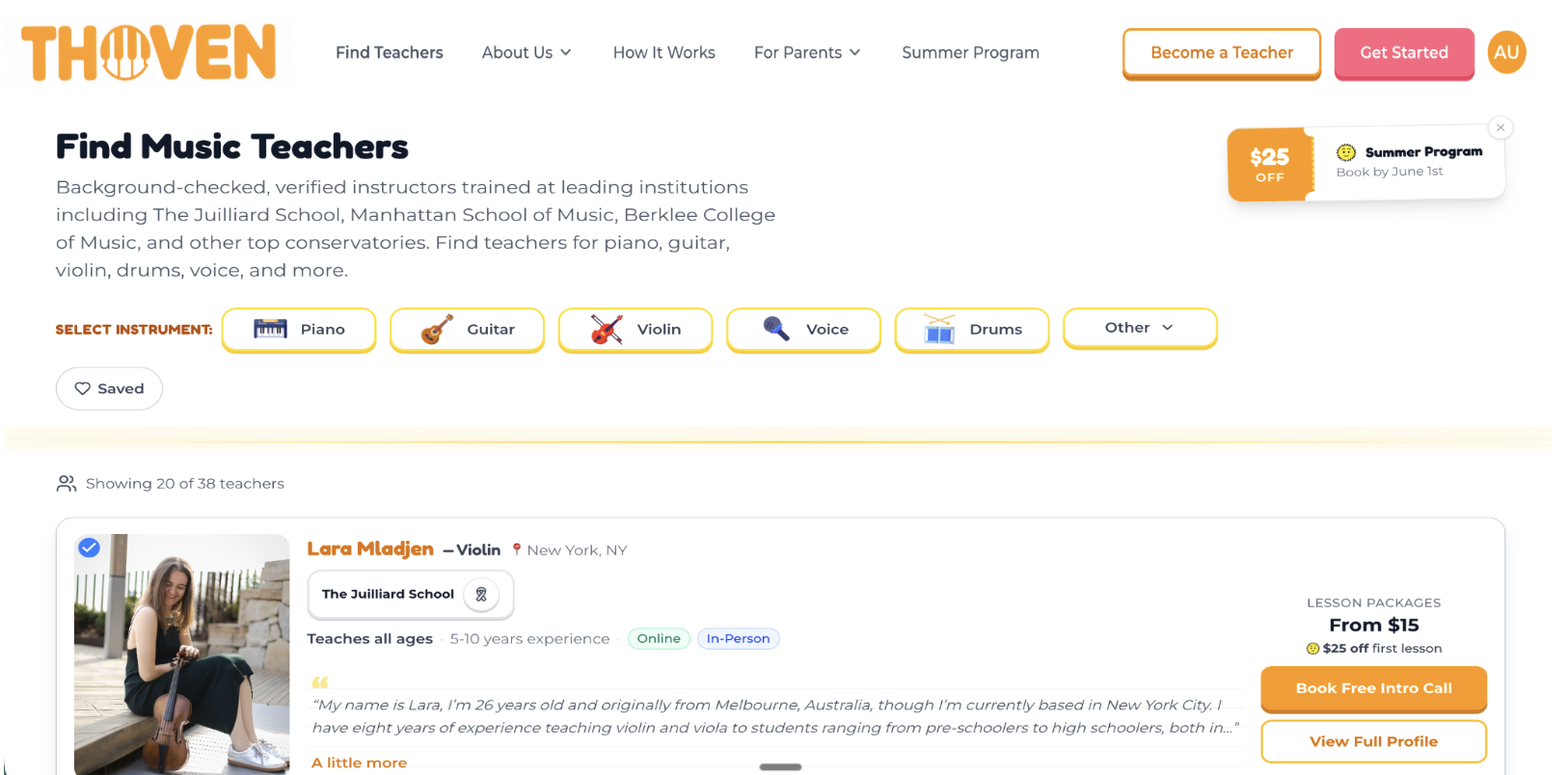 Thoven marketplace showing a teacher profile card with photo, credentials, pricing, and Book Free Intro Call CTA