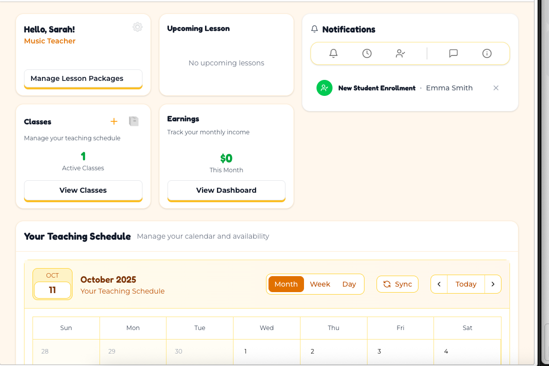 Teacher dashboard showing weekly schedule, student roster, and payment status